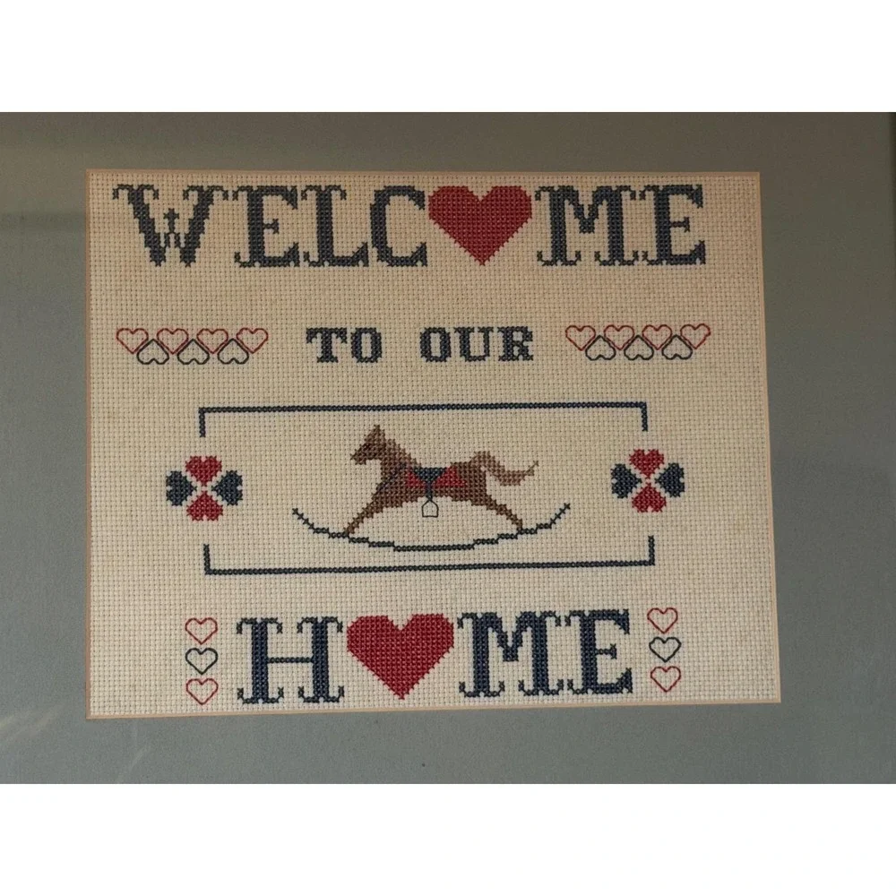 Vintage Framed Cross Stitch Welcome To Our Home Rocking Horse Country Folk Art